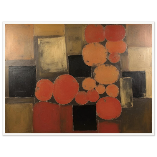Warm orange and brown circles overlap dark squares in a geometric field, creating a rhythmic balance of earth tones and light.