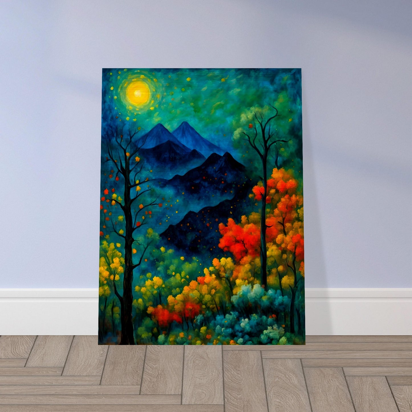 A vibrant, mystical forest with glowing autumn trees, a bright golden moon, and distant mountains under a deep blue-green night sky.