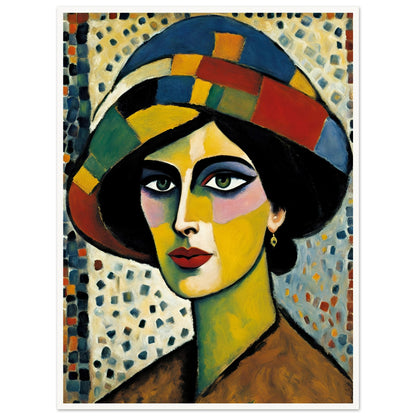 A striking portrait of a woman with bold, colorful facial features, wearing a patchwork hat against a textured mosaic background.