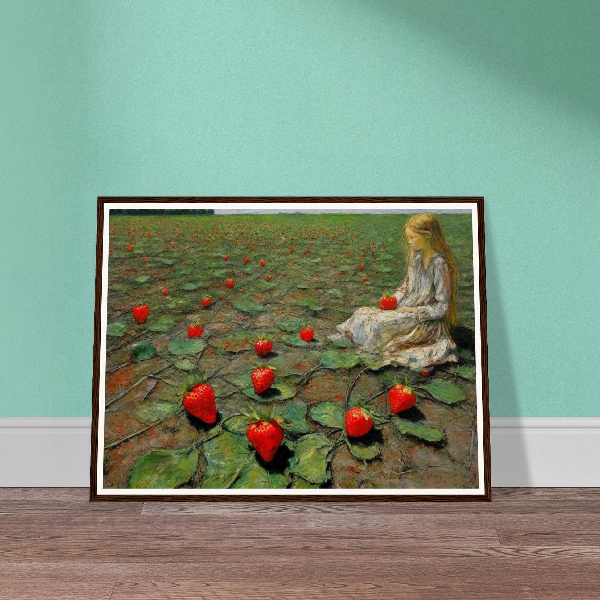 A painting of a young girl sitting in a field of large strawberries, creating a whimsical and surreal scene.