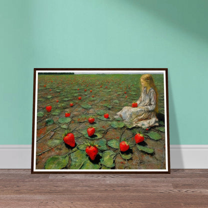 A painting of a young girl sitting in a field of large strawberries, creating a whimsical and surreal scene.