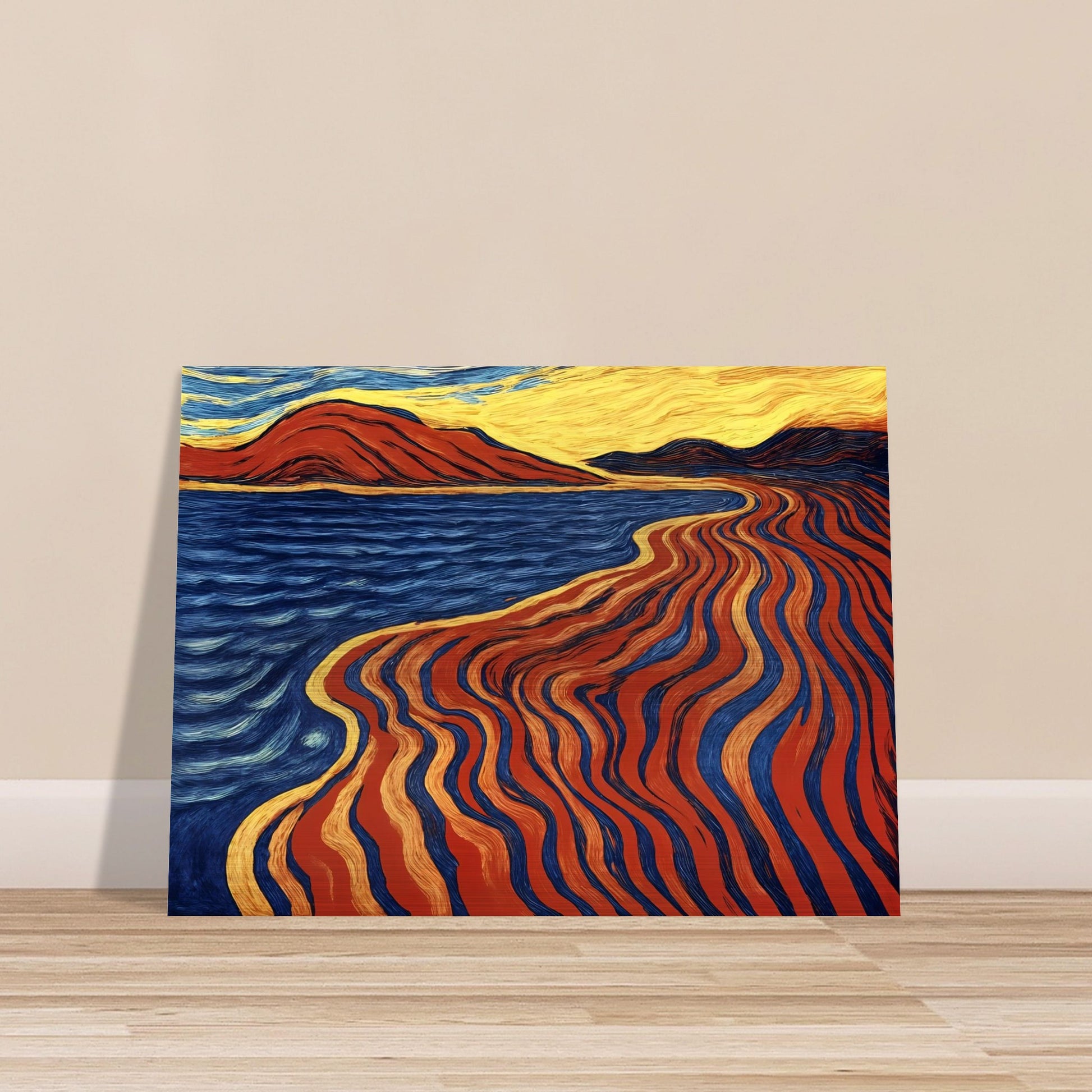 A bold coastal painting with flowing red, blue, and gold lines merging land and sea in a fiery, rhythmic motion.
