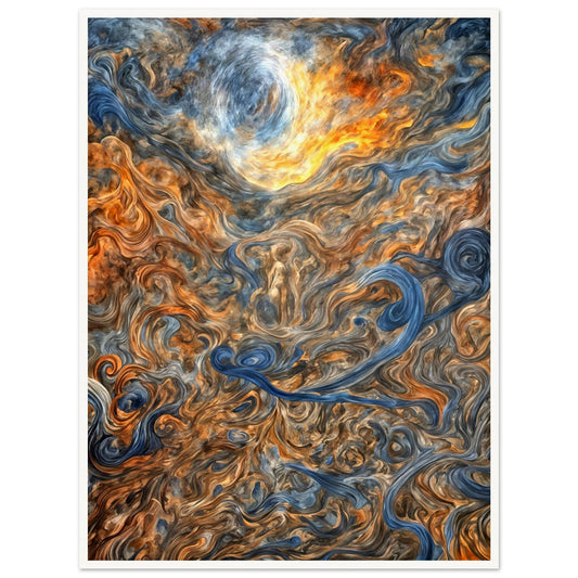 A mesmerizing depiction of swirling cosmic patterns with fiery orange, cool blue, and earthy brown tones, evoking celestial energy.
