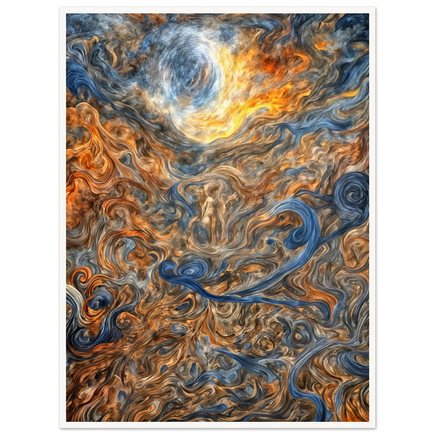 A mesmerizing depiction of swirling cosmic patterns with fiery orange, cool blue, and earthy brown tones, evoking celestial energy.