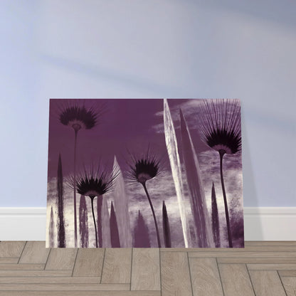 Tall spiky flowers in dark violet silhouettes reach upward against a cloudy lavender sky, evoking mystery and calm.