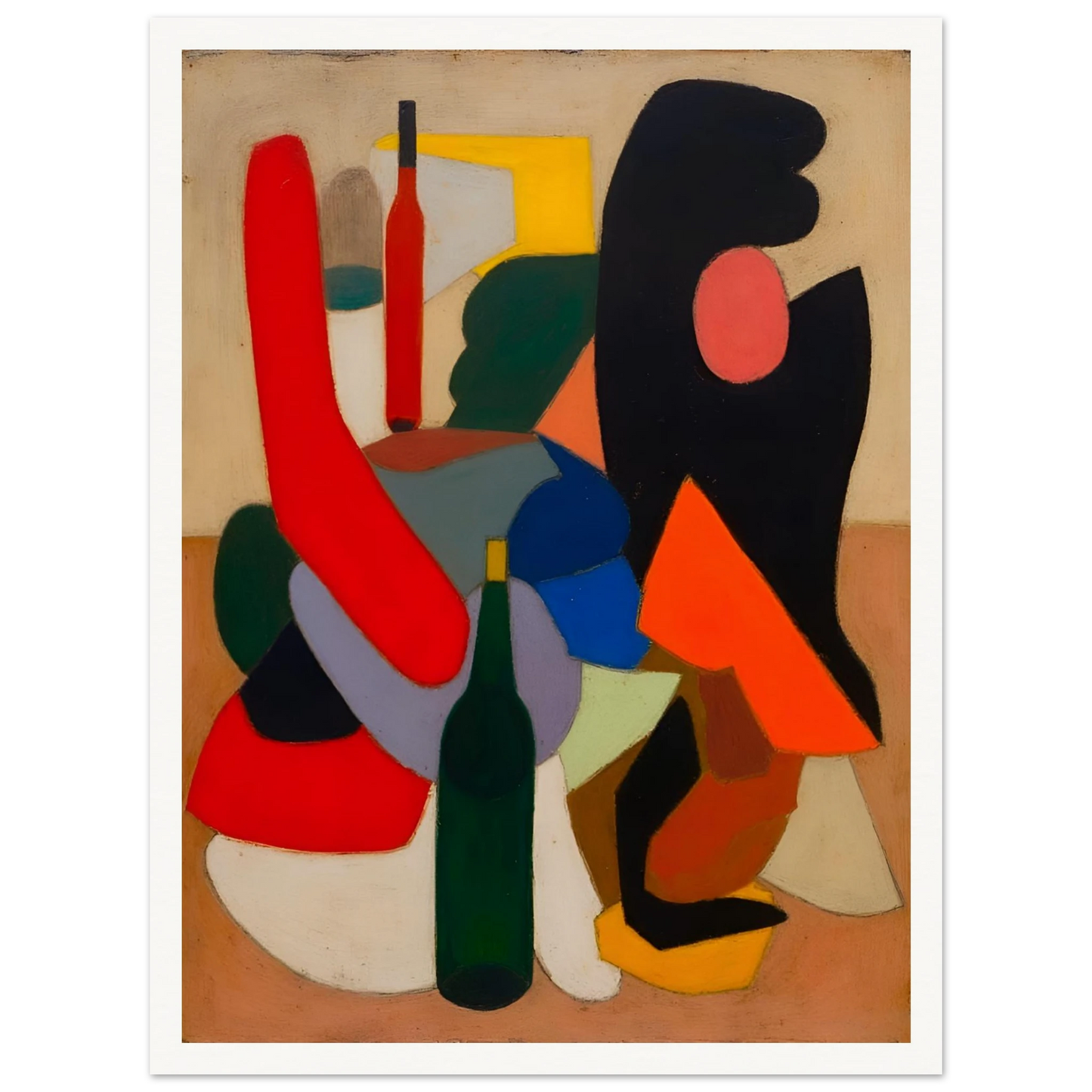Bold bottles and curved red, black, blue, and orange forms gather in a modern still life.