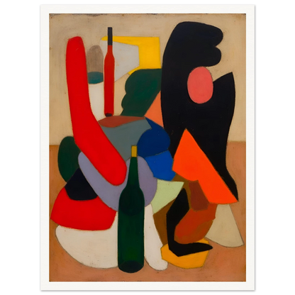 Bold bottles and curved red, black, blue, and orange forms gather in a modern still life.