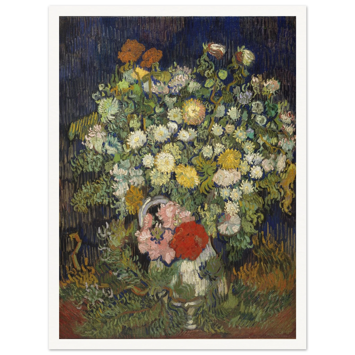 A lush bouquet of white, yellow, pink, and red flowers rises from a vase against a dark blue background.