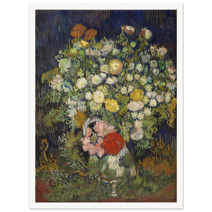 A lush bouquet of white, yellow, pink, and red flowers rises from a vase against a dark blue background.