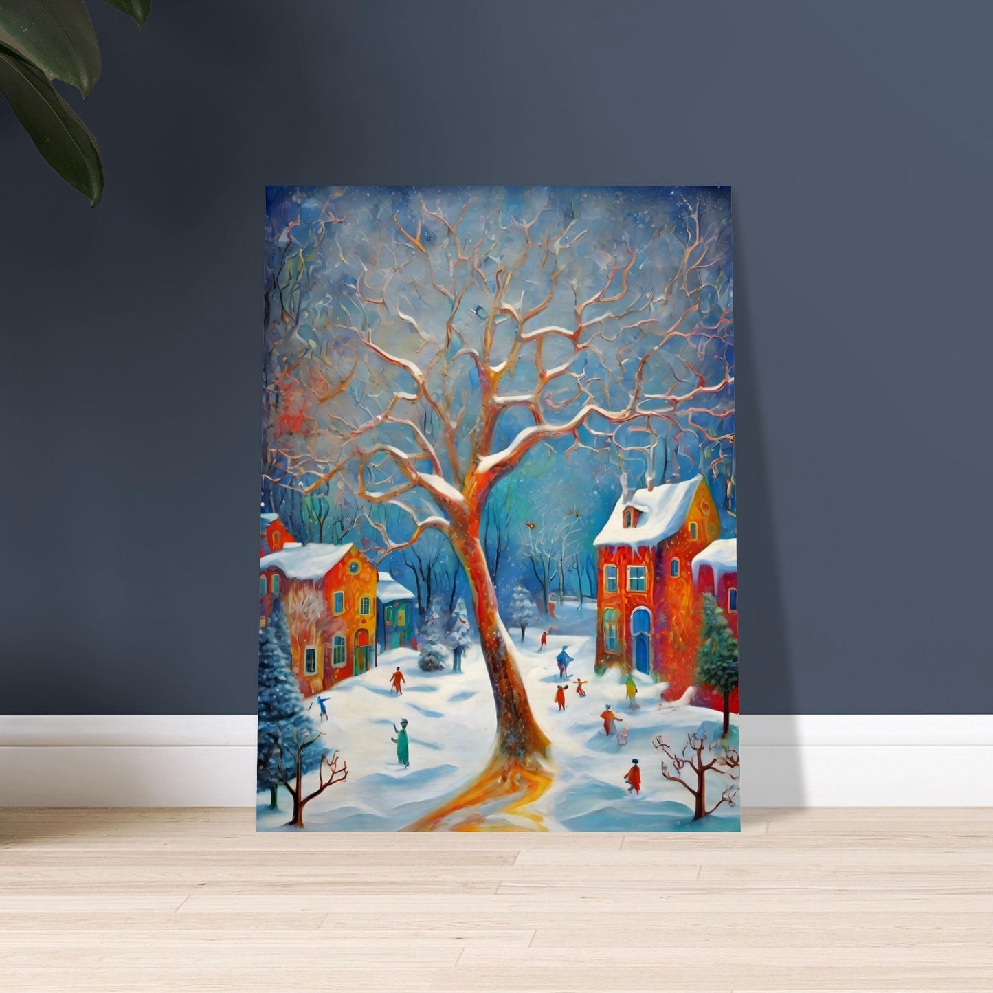 A whimsical winter scene featuring a large, glowing tree surrounded by colorful houses and joyful people playing in the snow under a vibrant blue sky.