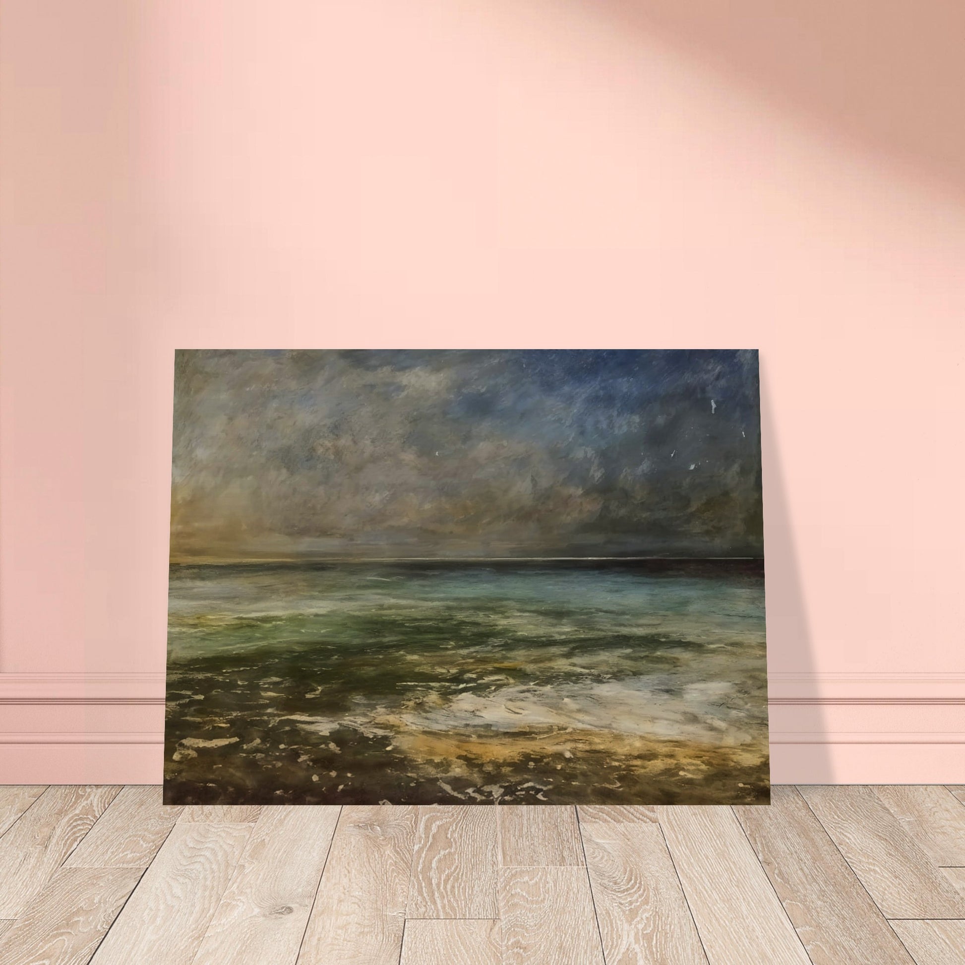 A calm sea under a moody sky, with soft waves rolling onto the shore, capturing the peaceful yet dynamic nature of the ocean.