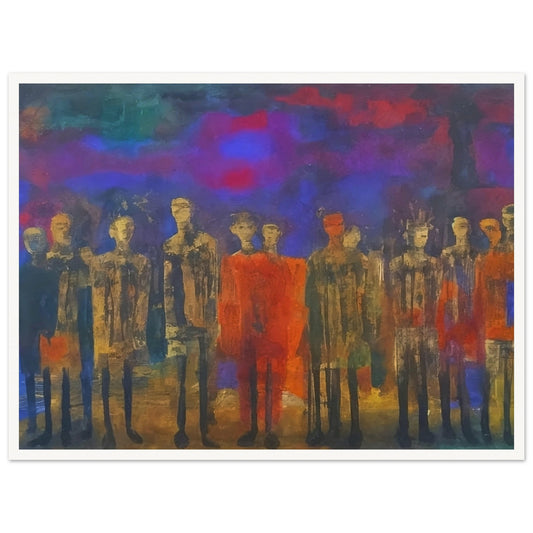 A mysterious gathering of figures in muted tones, set against a vibrant, multicolored backdrop that evokes a sense of silent contemplation.
