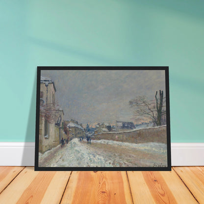 A snowy village road with figures, houses, bare trees, and soft gray winter sky.