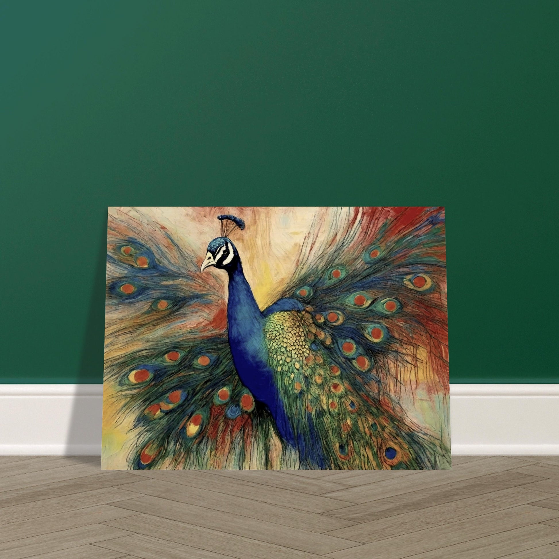 "A stunning painting of a vibrant peacock with its colorful feathers fully fanned out, showcasing rich blues, greens, and intricate eye-like patterns."