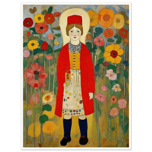 "A colorful painting of a young girl in traditional clothing, standing amidst a vibrant field of blooming flowers in shades of red, yellow, and pink."