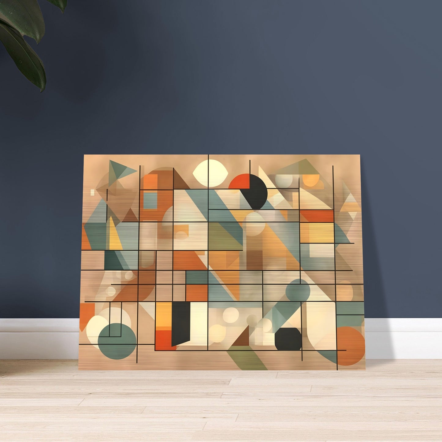 An abstract artwork with a geometric design, featuring intersecting lines, circles, triangles, and rectangles in soft shades of beige, orange, teal, and cream.