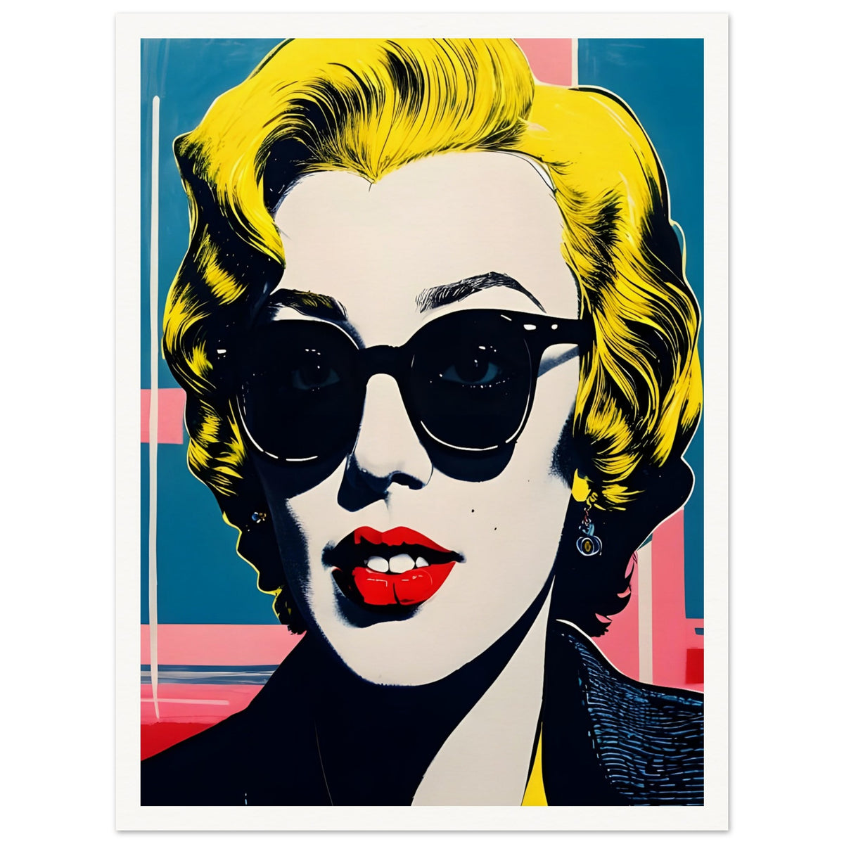 Vibrant pop art-style portrait of a woman with blonde hair, bold red lips, and dark sunglasses against a colorful geometric background.
