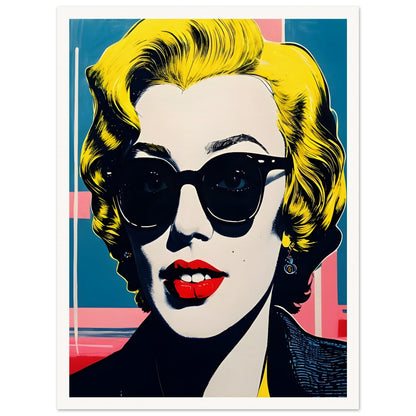 Vibrant pop art-style portrait of a woman with blonde hair, bold red lips, and dark sunglasses against a colorful geometric background.