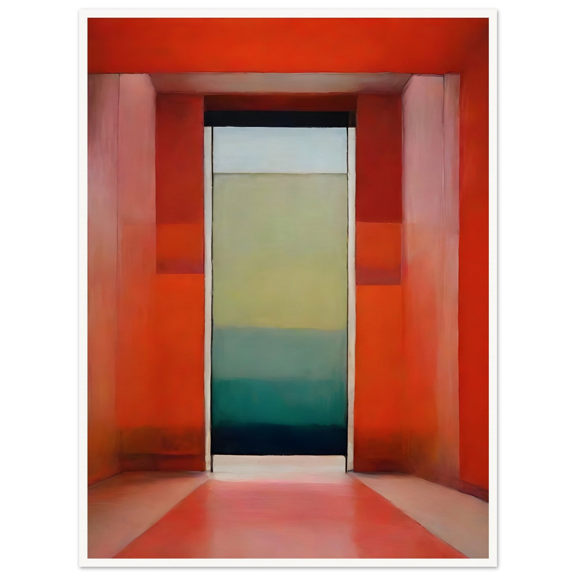 A striking architectural composition featuring a bold red corridor leading to a doorway with a gradient of blue and green, evoking mystery and depth.