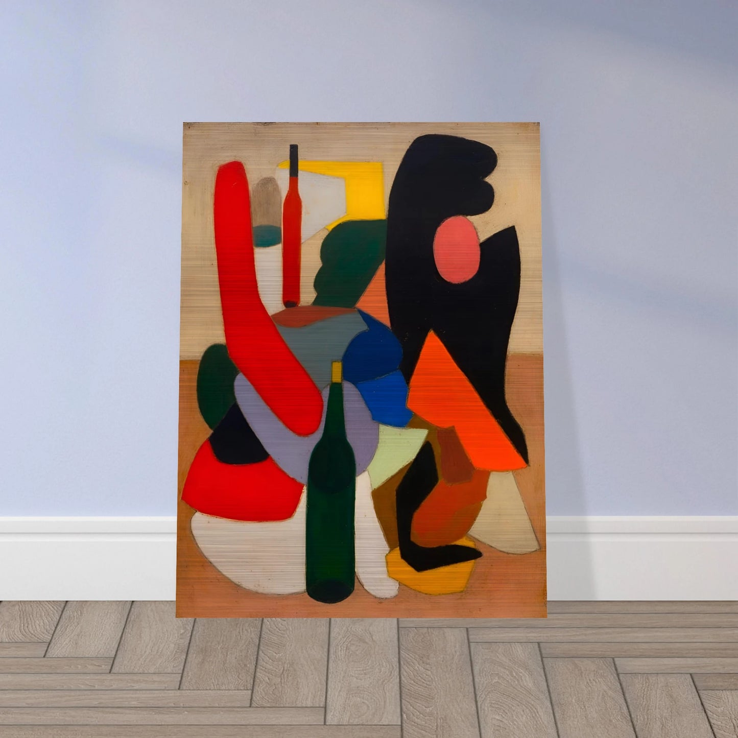 Bold bottles and curved red, black, blue, and orange forms gather in a modern still life.