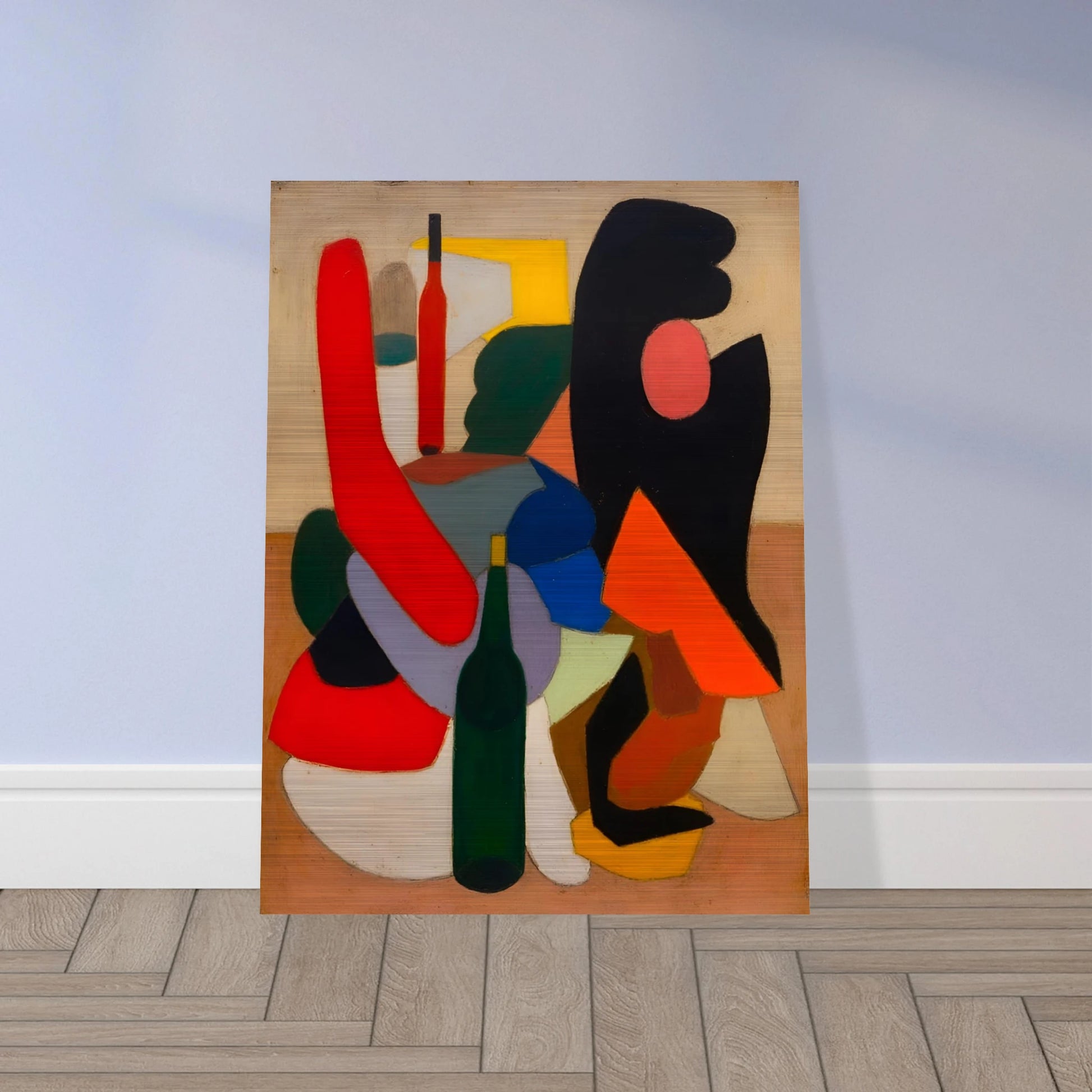 Bold bottles and curved red, black, blue, and orange forms gather in a modern still life.
