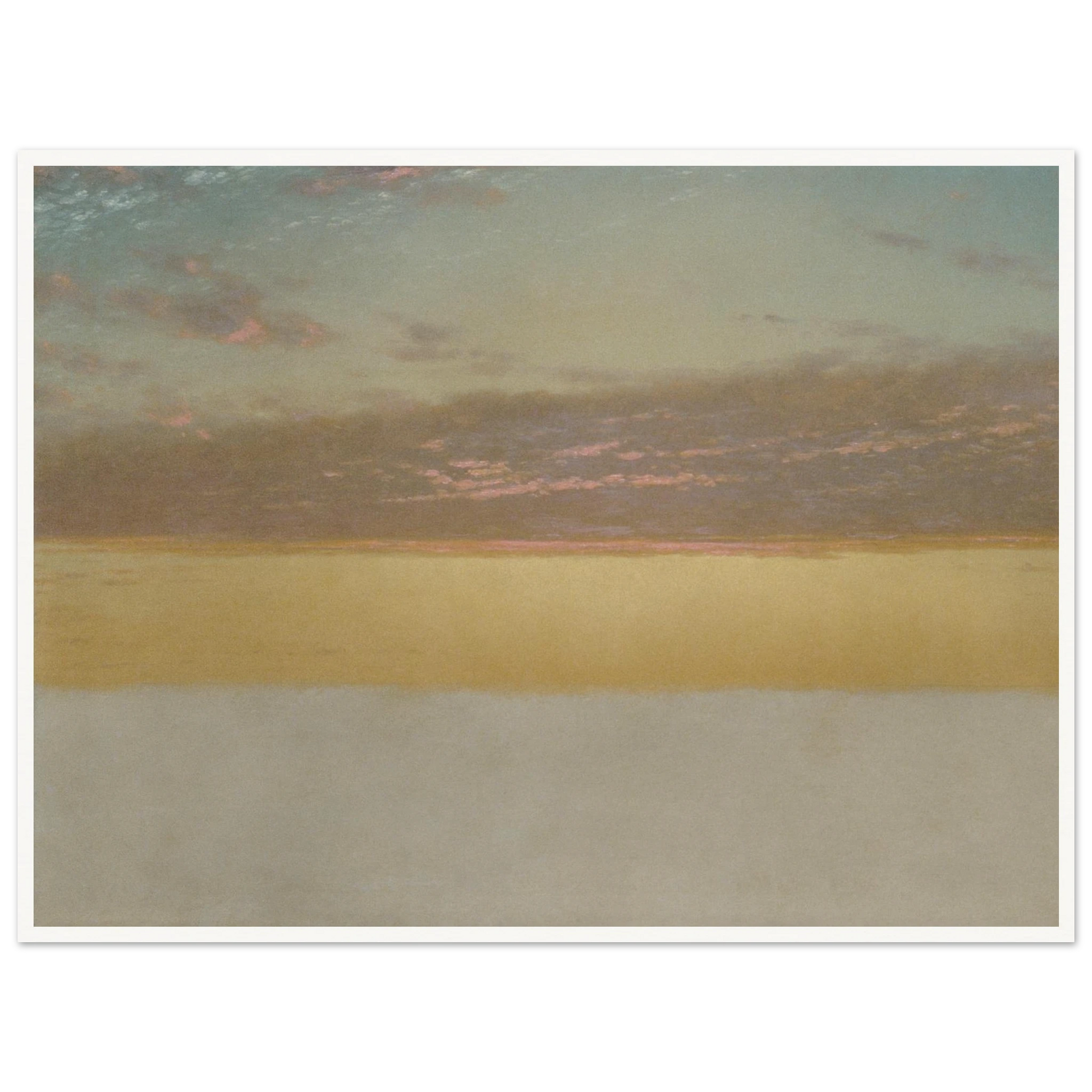 Soft sunset over calm sea with yellow horizon, blue sky, and pink clouds