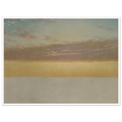 Soft sunset over calm sea with yellow horizon, blue sky, and pink clouds