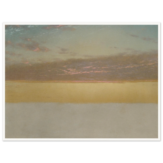 Soft sunset over calm sea with yellow horizon, blue sky, and pink clouds