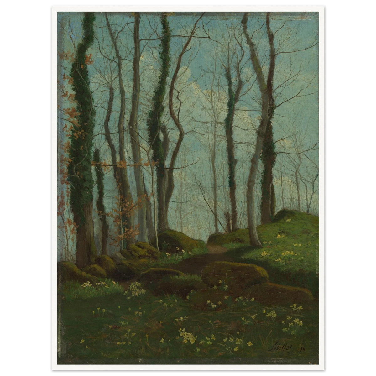 A quiet woodland lane winds through tall trees, mossy rocks, and small flowers under a blue-green sky.