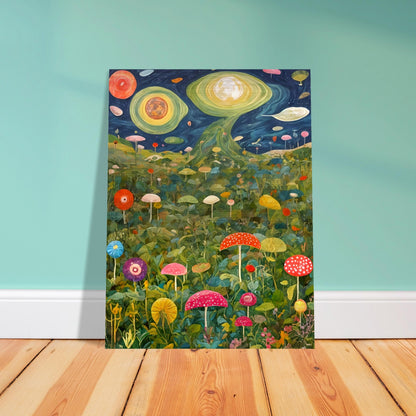 A surreal landscape of oversized mushrooms and lush greenery beneath a cosmic sky with swirling planets, glowing moons, and celestial formations.