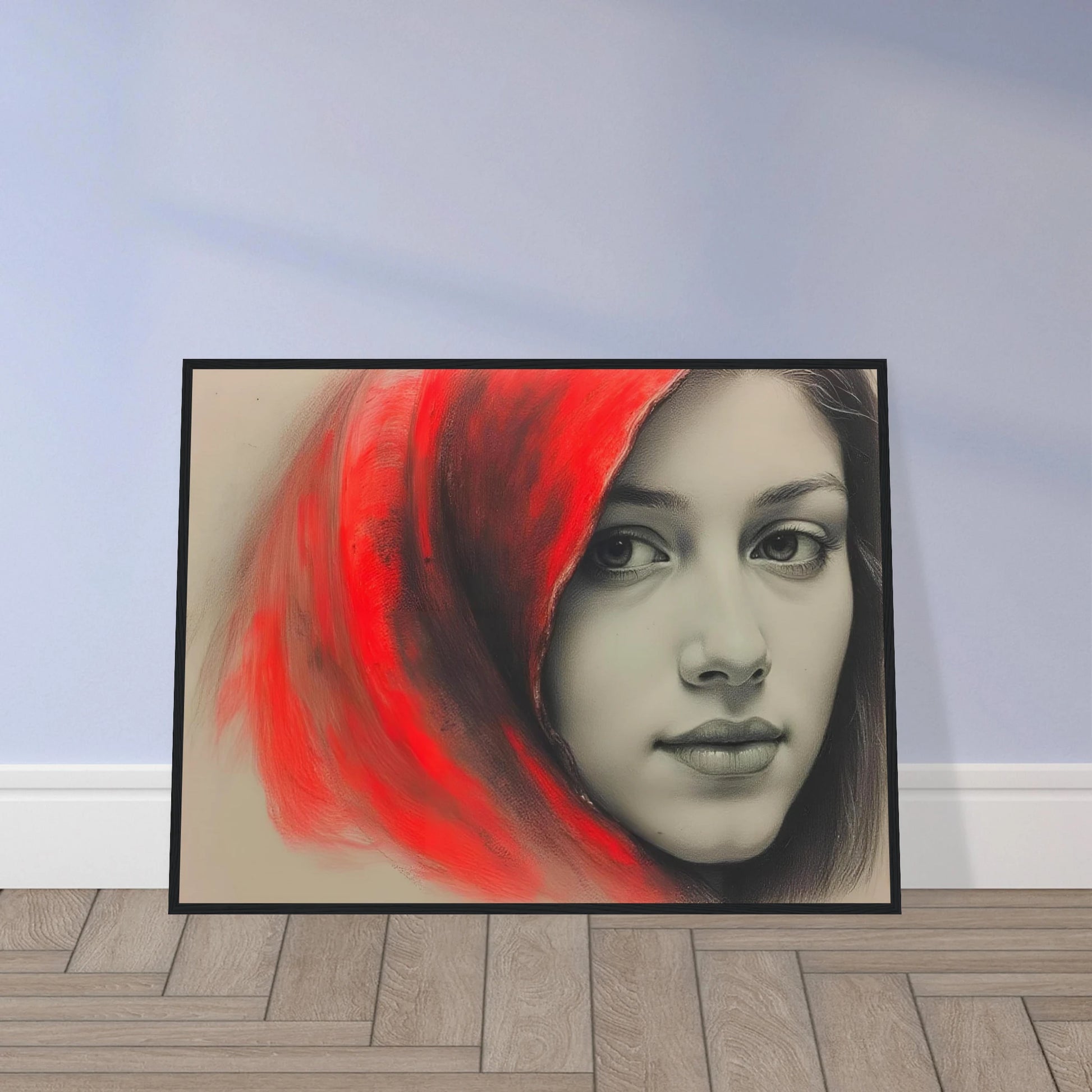 A soft portrait of a young woman draped in a vivid red hood, her calm gaze contrasting with the fiery energy surrounding her.