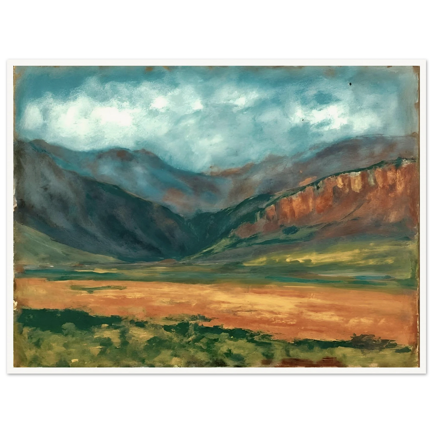 A dramatic landscape painting of a broad mountain valley under a moody blue-green sky, with rugged slopes, sunlit grasslands, and warm ochre cliffs stretching across the horizon.