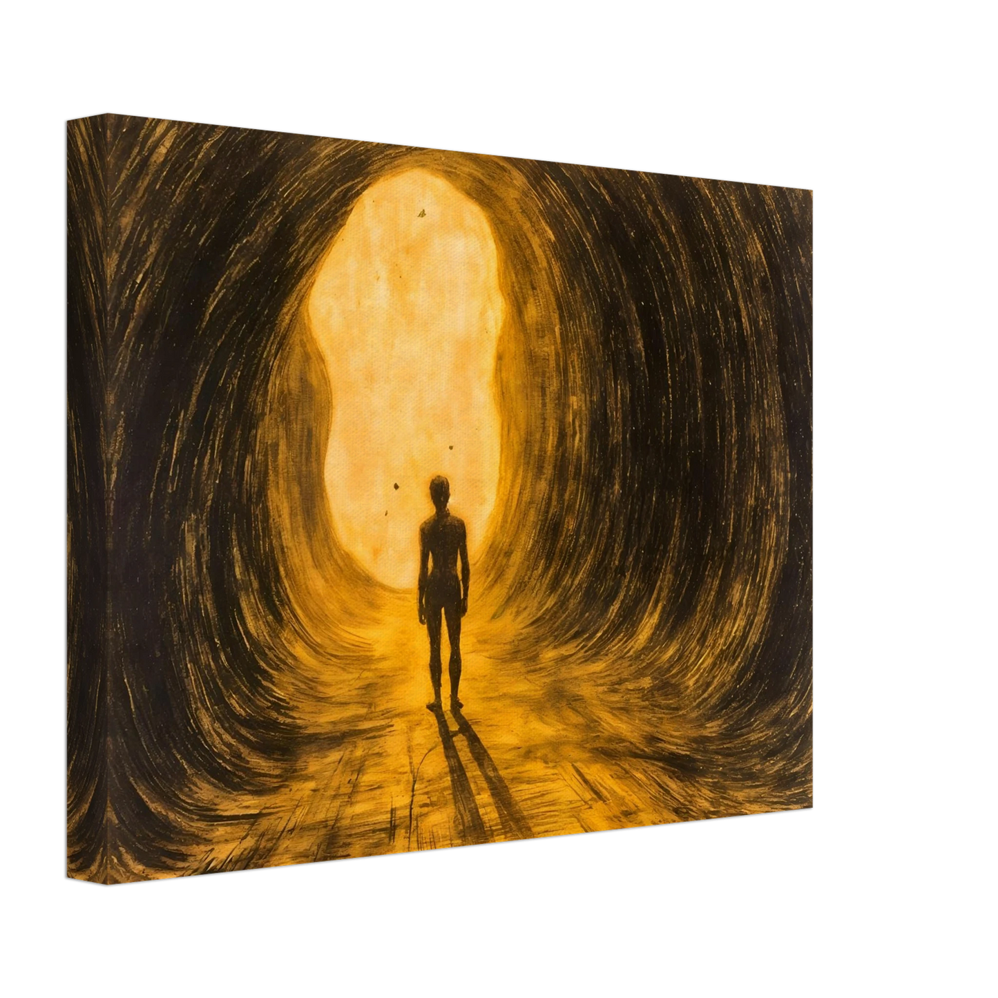 A lone silhouette walks through a glowing golden tunnel, surrounded by sweeping dark textures and radiant light ahead.