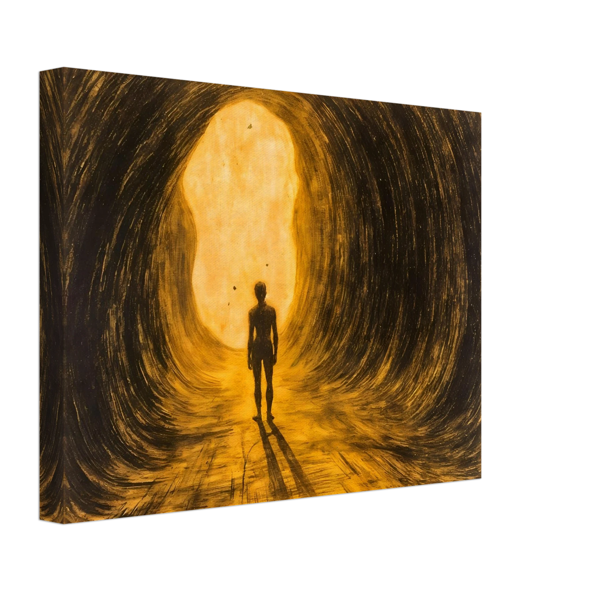 A lone silhouette walks through a glowing golden tunnel, surrounded by sweeping dark textures and radiant light ahead.