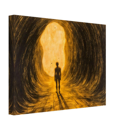 A lone silhouette walks through a glowing golden tunnel, surrounded by sweeping dark textures and radiant light ahead.
