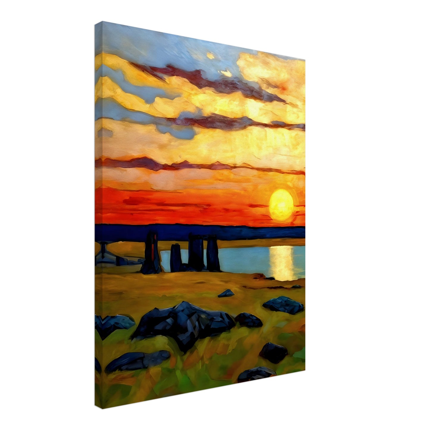 Captivating artwork of a vibrant sunset over a mysterious stone circle, with vivid orange skies and serene reflections on water.