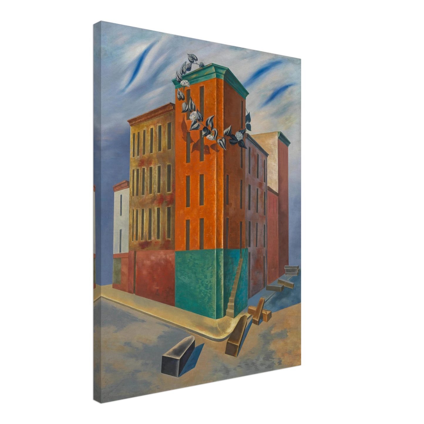 Colorful tenement buildings rise over an empty street with scattered blocks and a flowering vine beneath a blue sky.
