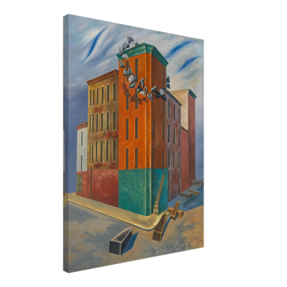 Colorful tenement buildings rise over an empty street with scattered blocks and a flowering vine beneath a blue sky.