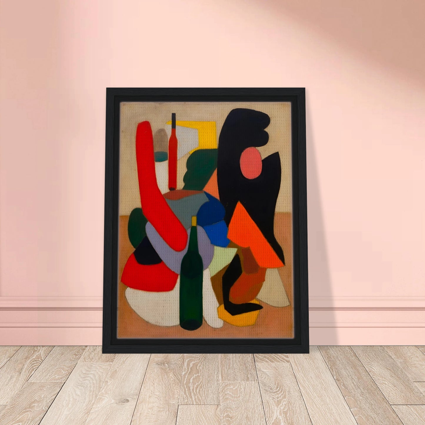 Bold bottles and curved red, black, blue, and orange forms gather in a modern still life.