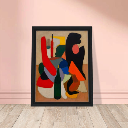 Bold bottles and curved red, black, blue, and orange forms gather in a modern still life.