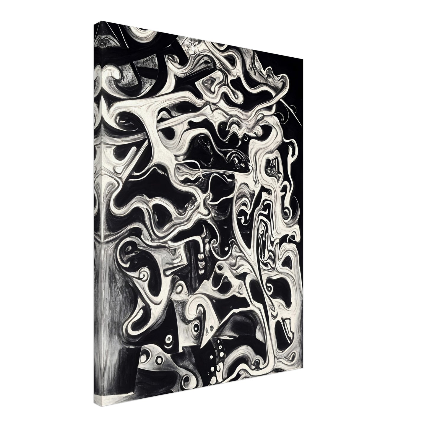 A mesmerizing black and white fluid composition, intertwining abstract faces and swirling patterns, evoking mystery and depth.