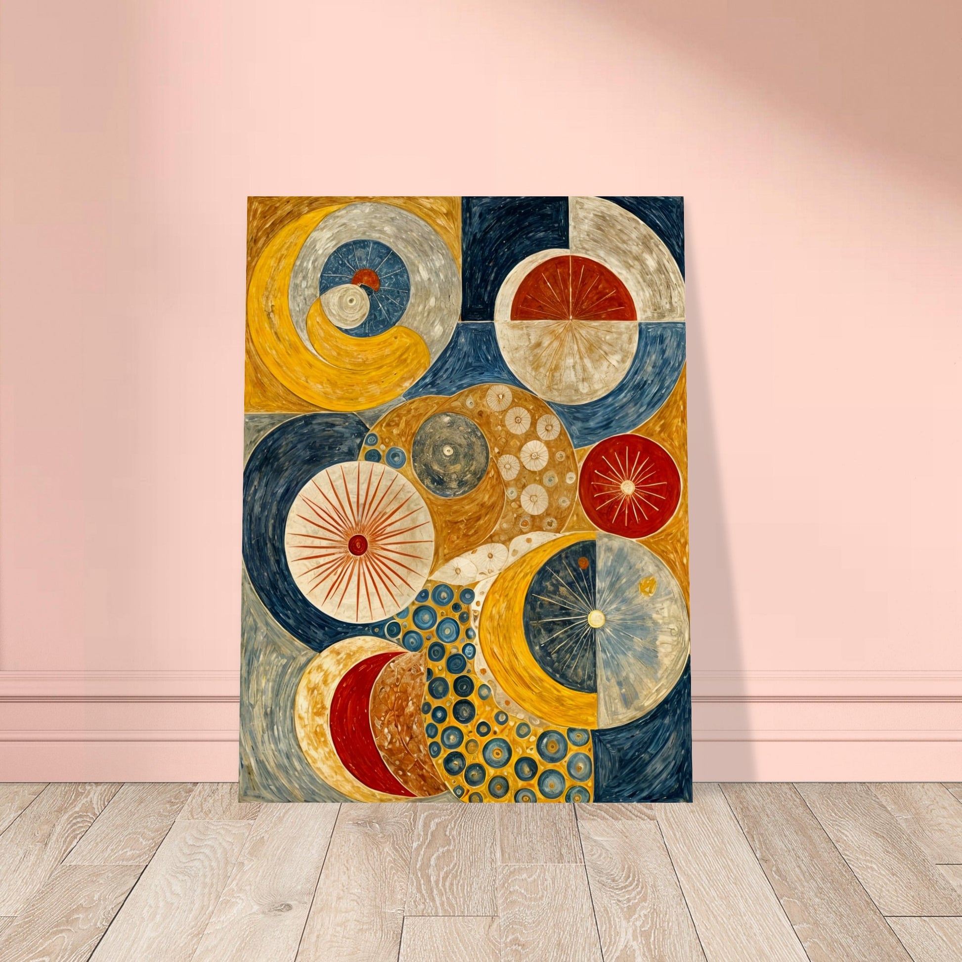 A celestial-inspired painting featuring intricate circular patterns, planetary orbits, and golden, blue, and red tones evoking a cosmic balance.