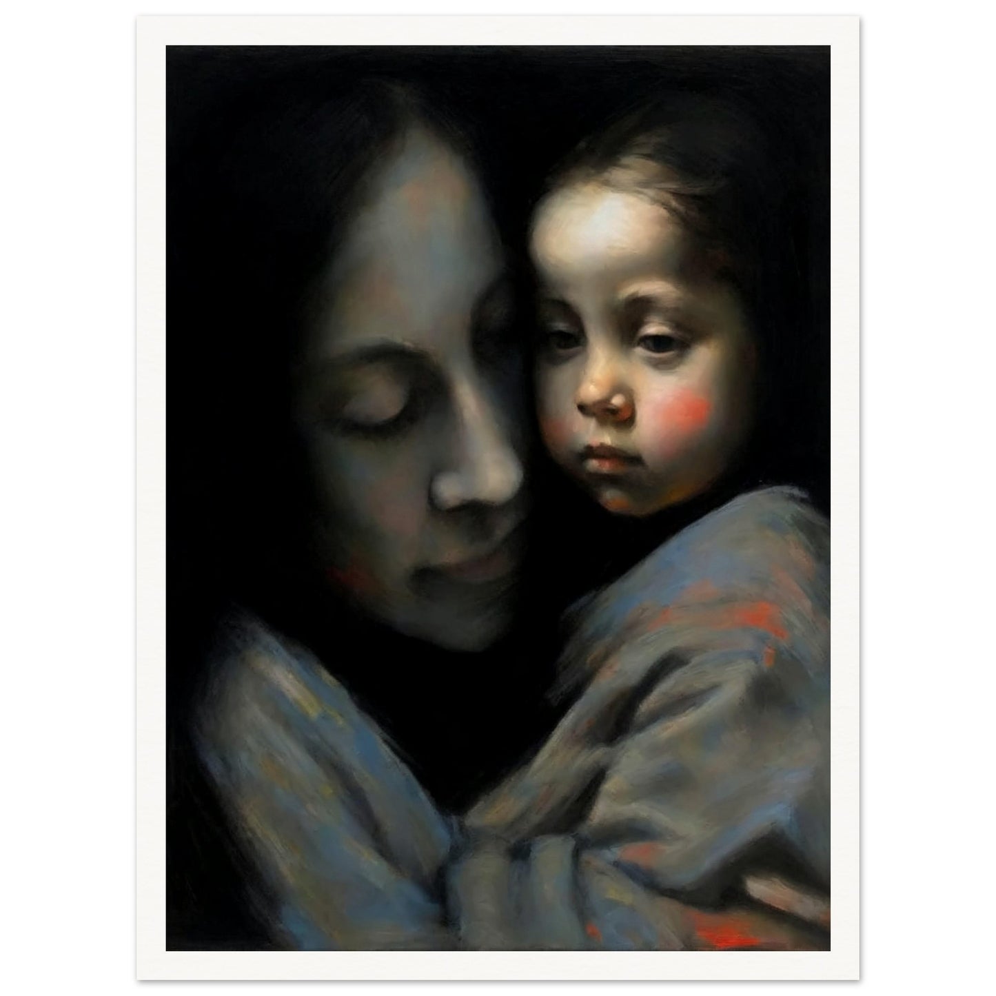 An evocative painting of a mother tenderly holding her child, both faces expressing deep affection and serenity.