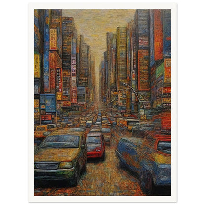 "A detailed painting of a busy urban street filled with cars and surrounded by towering skyscrapers, neon signs, and a warm, hazy sky overhead."