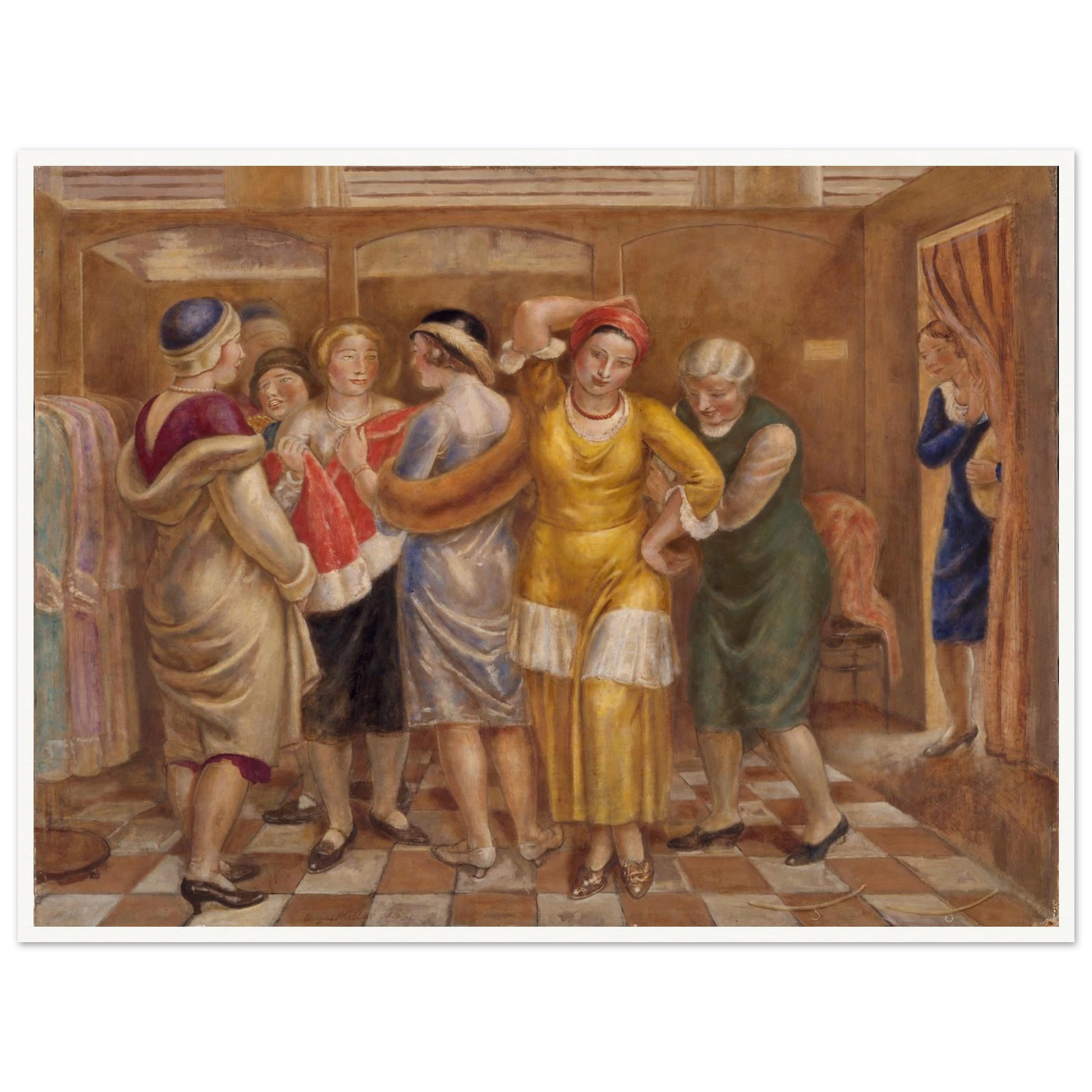Women try on dresses in a fitting room with wooden stalls and a checkered floor