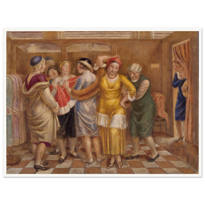 Women try on dresses in a fitting room with wooden stalls and a checkered floor