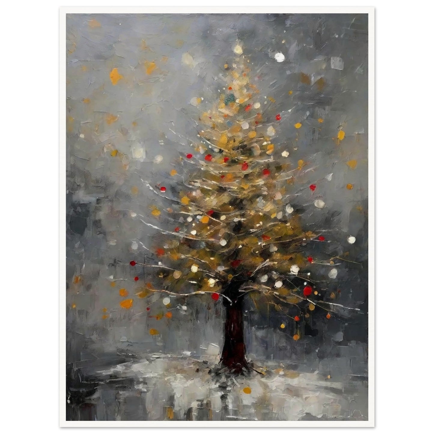 A serene painting of a Christmas tree glowing with golden and red lights, set against a misty gray background and a snowy base.