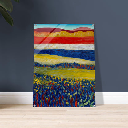 A colorful landscape painting featuring a vibrant field of flowers with rolling hills in the background.