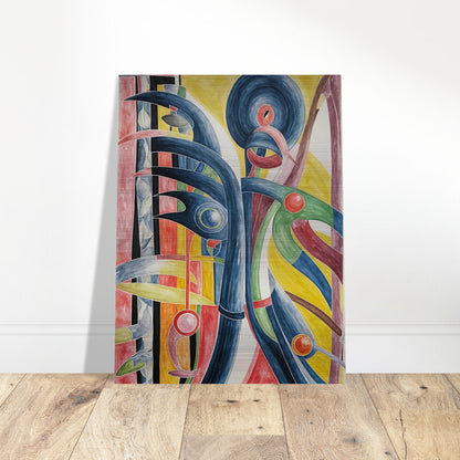 An abstract artwork featuring dynamic curves and circles in bold, contrasting colors, evoking movement and energy.