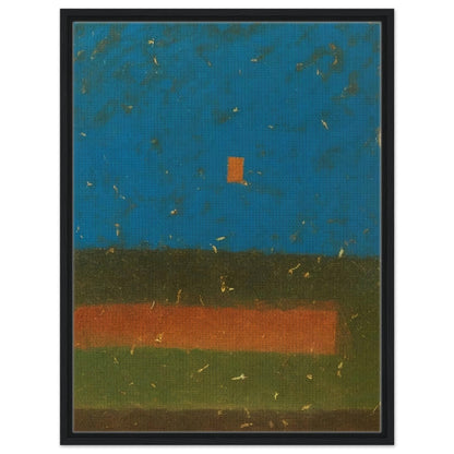 An abstract painting featuring a deep blue textured sky with a glowing moon, a red square, and earthy green and brown horizontal fields.